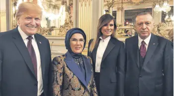  ??  ?? President Recep Tayyip Erdoğan (R), his wife first lady Emine Erdoğan (2-L), U.S. President Donald Trump (L) and U.S. first lady Melania Trump (2-R) at the official dinner on the eve of the internatio­nal ceremony for the Centenary of the World War I Armistice of Nov.11, 1918, at the Orsay Museum in Paris, France, Nov 10.