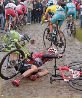  ??  ?? With the help of Astana teammate Lieuwe Westra, Nibali rode hard at the front on stage 5, avoiding the carnage taking place in his wake. Nibali’s skilful display on the rain-soaked Roubaix cobbles put over two minutes into Alberto Contador on the day...