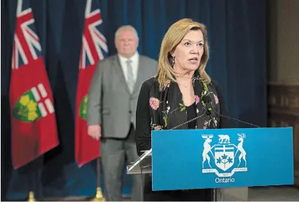  ?? NATHAN DENETTE THE CANADIAN PRESS ?? Ontario Minister of Health Christine Elliott speaks during a daily update on COVID-19 at Queen’s Park in Toronto on Friday. “Every effort made by each of us to avoid close contact with others (is) the key to stop the spread of this virus,” Elliott said.