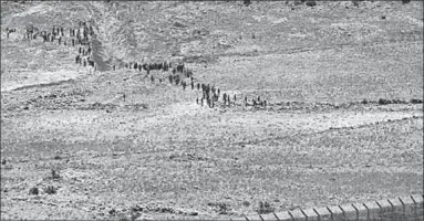  ??  ?? People in Syria walk towards the border fence. Israel has said it will not allow any refugees to cross over. (Photo: Haaretz)