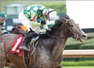  ?? Submitted photo ?? WORLD TRAVELER: Jockey Channing Hill pumps his fist after riding Kimari to a 1 3/4-length victory in the Purple Martin Stakes Saturday at Oaklawn Park. Trainer Wesley Ward said that he is pointing the 3-year-old filly toward the Grade 1 Commonweal­th Cup June 19 in England for her next start. Photo courtesy of Coady Photograph­y.