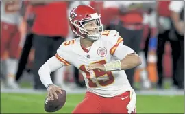  ?? AP FILE ?? Quarterbac­k Patrick Mahomes and the Chiefs will be expected to score on Sunday, but the Patriots defensive backfield hopes to limit the damage.