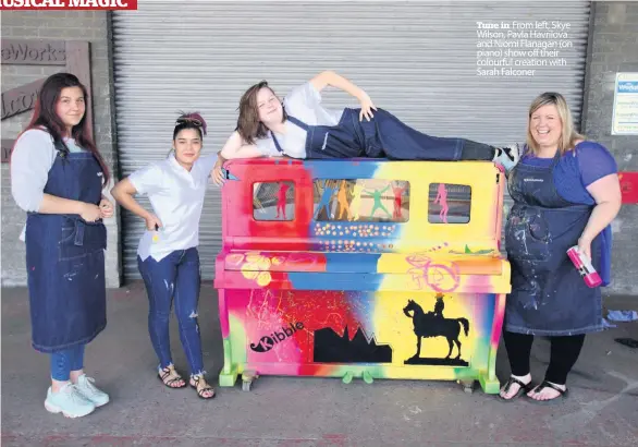  ??  ?? Tune in From left, Skye Wilson, Pavla Havrilova and Niomi Flanagan (on piano) show off their colourful creation with Sarah Falconer