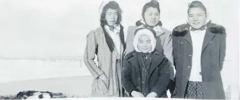  ??  ?? During the Second World War, Joan Parolin’s friend Sumi Mototsune, right, was exiled from the B.C. coast and sent with her sisters Teruko, left, Haruye and Kanado to live in Raymond, Alta. On the back of this photo, Sumi notes: “This was taken on Feb....