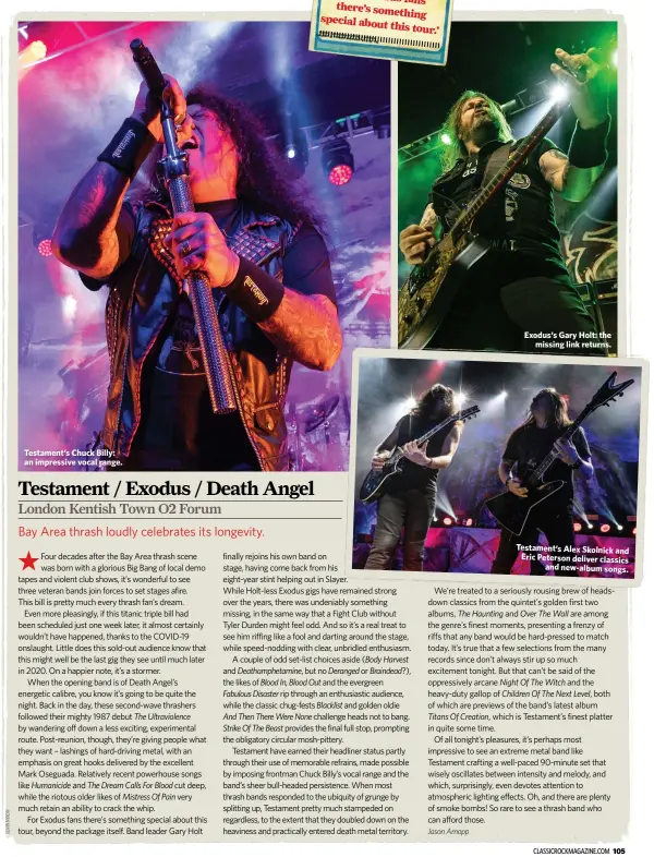 ??  ?? Testament’s Chuck Billy: an impressive vocal range.
Exodus’s Gary Holt: the
missing link returns.
Testament’s Alex Skolnick and Eric Peterson deliver classics
and new-album songs.