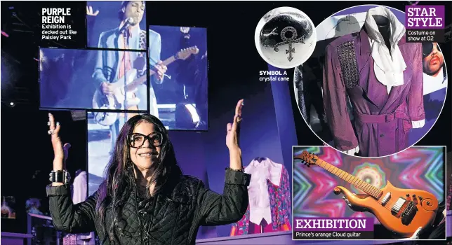  ??  ?? PURPLE REIGN Exhibition is decked out like Paisley Park Prince’s orange Cloud guitar Costume on show at O2