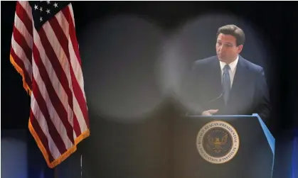  ?? Photograph: Allison Dinner/Reuters ?? Ron DeSantis speaks at the Ronald Reagan Presidenti­al Library in Simi Valley, California, on Sunday.