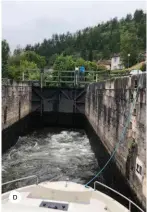  ??  ?? D D and E / Once the boat is in position inside the lock, ropes off the bow and stern are held by the person at the helm, which keeps you in place as water flows in or out.