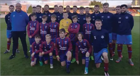  ??  ?? From top, the Laytown United Under-8s, East Meath United Under-10 Astros and East Meath United Under-11 Blue teams meet the Drogheda United squad before playing at half-time during one of their League of Ireland games in United Park.