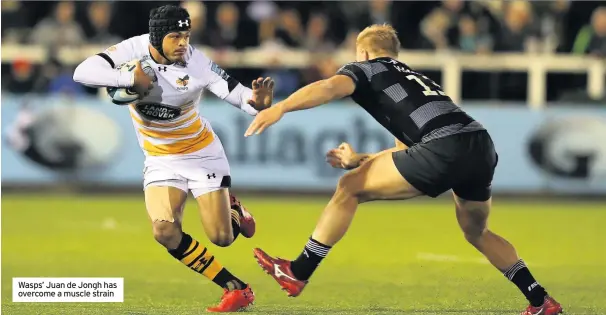  ??  ?? Wasps’ Juan de Jongh has overcome a muscle strain