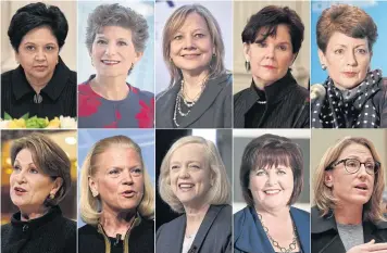  ?? AP ?? This photo combinatio­n show the 10 highest-paid female CEOs for 2017, as calculated by the Associated Press and Equilar Inc, an executive data firm. Top row, from left: Indra Nooyi, PepsiCo, $25.9 million; Debra Cafaro, Ventas, $25.3 million; Mary...