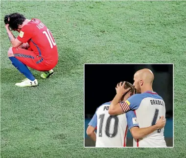  ?? PHOTOS: REUTERS ?? Left, Pepe leads the celebratio­ns for Portugal after their 2-0 win over Switzerlan­d guaranteed them a place in Russia; right, the Cup dream ends for Chile’s Jorge Valdivia; inset, Christian Pulisic and Michael Bradley console each other after the US’s...