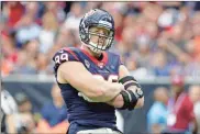  ?? Ap-michael Wyke, File ?? In this Oct. 27, 2019 photo, Houston Texans defensive end J.J. Watt reacts after a play against the Oakland Raiders during the first half of an NFL football game in Houston.