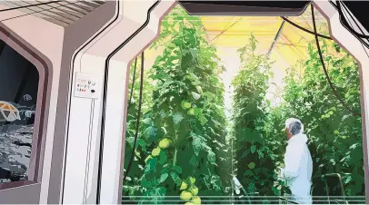  ?? COURTESY OF UBIQD ?? Artist’s rendition of a lunar greenhouse in operation using UbiQD’s quantum-dot enabled film UbiGro.