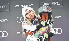  ?? — AFP photo ?? Mikaela Shiffrin of the US celebrates on the podium after winning the FIS Alpine World Cup Women Slalom in Courchevel, French Alps.