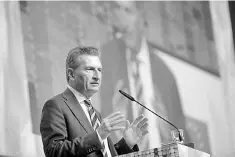  ??  ?? Guenther Oettinger delivers a speech at the world’s biggest computer and software fair CeBit in Hanover, Germany. — Reuters photo