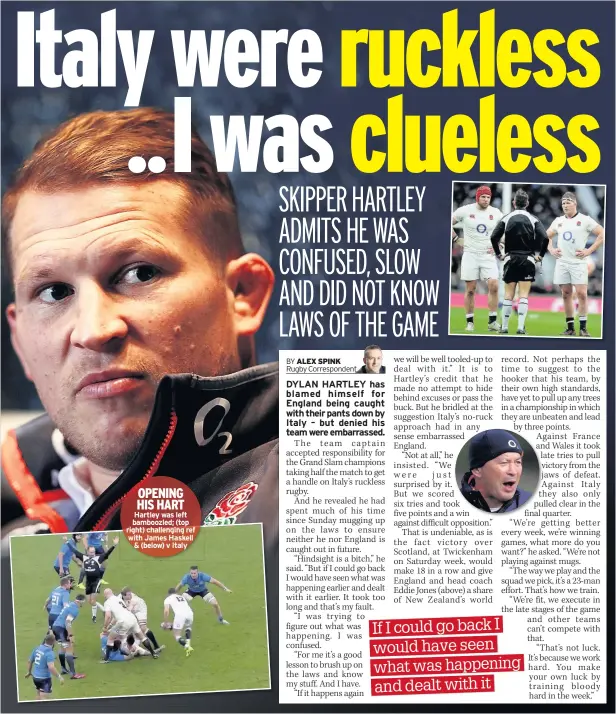  ??  ?? OPENING HIS HART Hartley was left bamboozled; (top right) challengin­g ref with James Haskell & (below) v Italy