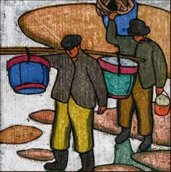  ?? LESLIE AND JOHANNA GARFIELD COLLECTION/MUSEUM OF FINE ARTS, BOSTON ?? Below: Maud Hunt Squire, “Clamdigger­s,” about 1917, color woodcut.