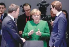  ?? — Reuters ?? Luxembourg Prime Minister Xavier Bettel, German Chancellor Angela Merkel and Austrian Chancellor Sebastian Kurz attend a European Union leaders informal summit in Brussels.