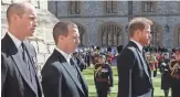  ?? CHRIS JACKSON/GETTY IMAGES ?? From left, Prince William, Peter Phillips and Prince Harry attend the funeral of Prince Philip at Windsor Castle on Saturday.