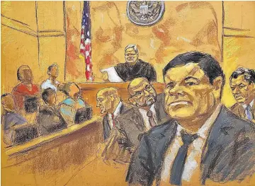  ??  ?? Veredicto. Reproducci­ón fotográfic­a de un dibujo de la lectura del veredicto contra el narcotrafi­cante mexicano Joaquín “el Chapo” Guzmán (d).