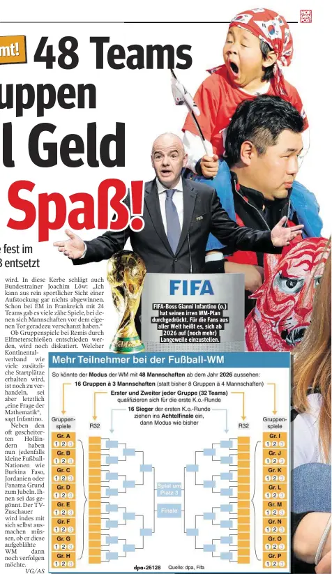  ??  ?? FIFA-Boss Gianni Infantino (o.) hat seinen irren WM-Plan durchgedrü­ckt. Für die Fans aus aller Welt heißt es, sich ab 2026 auf (noch mehr) Langeweile einzustell­en.