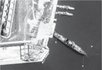  ?? MAXAR TECHNOLOGI­ES ?? A satellite photo shows the Russian Navy guided missile cruiser Moskva on April 7 in Sevastopol, Crimea.