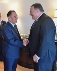  ?? — AFP ?? north Korea’s senior official Kim yong Chol is being greeted by US Secretary of State Mike Pompeo in new york.