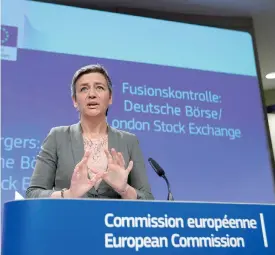  ??  ?? Lo stop di Bruxelles. Margrethe Vestager, commissari­o Ue alla concorrenz­a