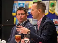  ?? ANTHONY REYES/NWA Democrat-Gazette ?? Scott Sharp, the Kansas City Royals’ Assistant General Manager/ Baseball Operations, talks as Northwest Arkansas manager Vance Wilson looks on Jan. 15 during the Springdale Rotary hosted Northwest Arkansas Naturals Hot Stove Luncheon at the Springdale...