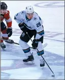  ?? PATRICK FARRELL/MIAMI HERALD ?? The Sharks' Timo Meier (28) controls the puck on Jan. 21, 2019 in Sunrise, Fla.