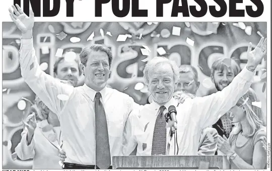  ?? ?? NEAR MISS: Joe Lieberman (right), with presidenti­al running mate Al Gore in 2000, would have been the first Jewish vice president.