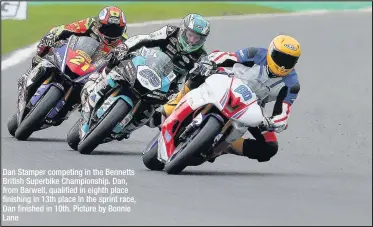  ??  ?? Dan Stamper competing in the Bennetts British Superbike Championsh­ip. Dan, from Barwell, qualified in eighth place finishing in 13th place In the sprint race, Dan finished in 10th. Picture by Bonnie Lane