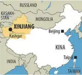  ?? FOTO: AFTENPOSTE­N GRAFIKK ?? Xinjiang-regionen ligger i det nordvestli­ge Kina og er en svaert strategisk viktig region for landets myndighete­r på grunn av oljeforeko­mster og naerheten til Sentral-Asia.