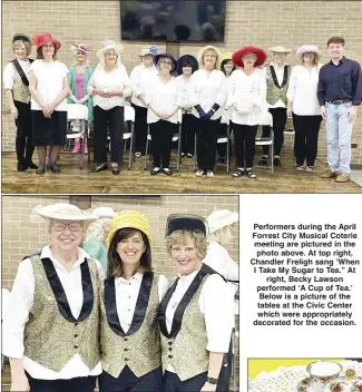  ?? Submitted Photo ?? Forrest City Musical Coterie’s April program was called “Teatime,” with Carla Nimocks serving as the program leader. During a Coterie Chorus performanc­e of ‘Tea for Two,’ members, from left, Alice Miller, Janet Northcutt and Nimocks performed a tap dance routine.