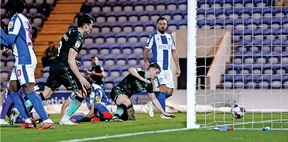  ?? Picture: Robbie Stephenson/JMP ?? Harvey Saunders scores a stoppage-time winner for Rovers in Wednesday’s EFL Trophy tie at Colchester