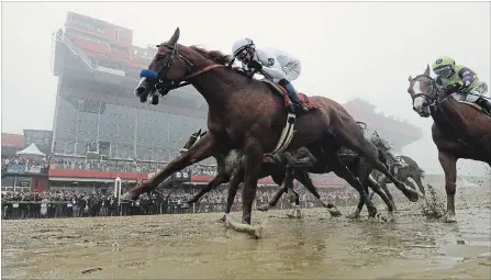  ?? PATRICK SEMANSKY THE ASSOCIATED PRESS ?? Justify, with Mike Smith atop, wins the the 143rd Preakness Stakes horse race at a sloppy Pimlico race course in Baltimore on Saturday.