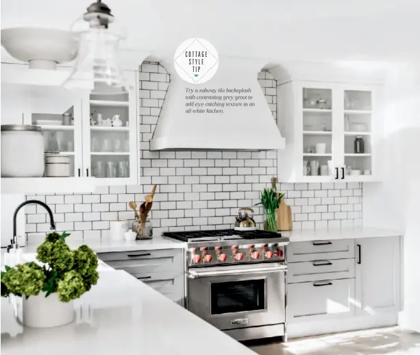  ??  ?? ABOVE Dove grey Shaker-style cabinetry, floating shelves and a subway tile backsplash lend this kitchen its country bistro vibe. Designers Kate Krasic and Amanda Nycz couldn’t find the perfect brass cabinetry hardware, so they opted instead for black...