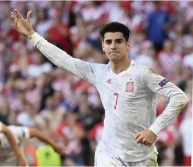  ?? Picture: Stuart Franklin/AP ?? Spain striker Alvaro Morata celebrates scoring his side’s fourth goal in the win against Croatia in Copenhagen