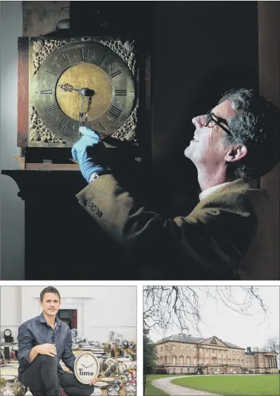  ?? PICTURES: HELEN LISK PHOTOGRAPH­Y: SIMON HULME. ?? TIME ON HIS HANDS: Horology specialist Jonathan Betts looks at the Harrison Clock, at Nostel Priory, Wakefield, below right; artist Luke Jerram who has created an art installati­on tribute to master clockmaker John Harrison.