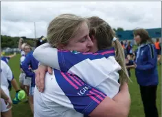  ??  ?? Sinead Kelly and Ciara Patrick embrace after the final whistle of the IFC final between St Pat’s and Valleymoun­t.