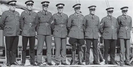  ?? VANCOUVER MARITIME MUSEUM ARCHIVES ?? Between 1940 and 1942, the RCMP ship St. Roch was the first to successful­ly travel the Northwest Passage from west to east. Dean Hadley, third from left, who is now 98, is the last surviving member of the crew.