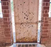  ?? ?? A door of an abandoned home in Michoacan is riddled with bullet holes. In at least one instance, cartel gunmen have forced residents to leave their homes and farms.