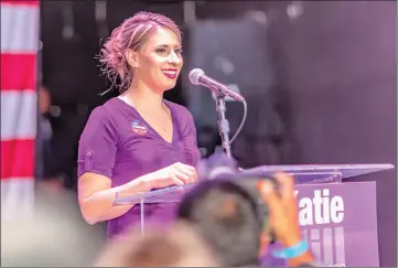  ?? Cory Rubin/The Signal ?? Katie Hill addresses her supporters at The Canyon on Tuesday. Hill is set to replace Steve Knight in January.