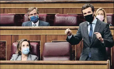  ?? E. PARRA. POOL / EP ?? El president del PP, Pablo Casado, ahir durant la seva intervenci­ó en la sessió de control a l’Executiu