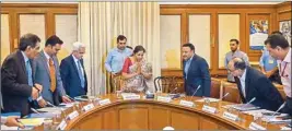  ?? PIC/PTI ?? Finance Minister Nirmala Sitharaman (C) flanked by RBI Governor Shaktikant­a Das (L), Finance Secretary Rajiv Kumar (R) and others during a meeting of the FSDC, in New Delhi, Thursday