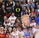  ?? JONATHAN MIANO/THE TIMES OF NORTHWEST INDIANA ?? Students from Andrean High School held up an image of Donald Trump and shouted “build a wall” at their rival, Bishop Noll Institute, a school with a large Hispanic population, during a basketball game in Merrillvil­le, Ind.