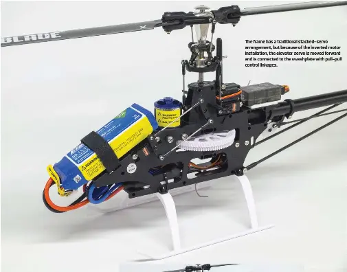  ??  ?? The 330X comes out of the box completely ready to fly. Charge the 3S 2200mAh LiPo battery and install the AA cells in the DXe transmitte­r and you’re all set. There’s also a BNF version for fliers who already own a Spektrum computer radio. The frame has a traditiona­l stacked-servo arrangemen­t, but because of the inverted motor installati­on, the elevator servo is moved forward and is connected to the swashplate with pull-pull control linkages.