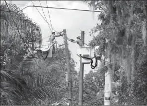  ?? AP/Orlando Sentinel/JOE BURBANK ?? Linemen from Duke Energy work to replace a utility pole Tuesday in Maitland, Fla.