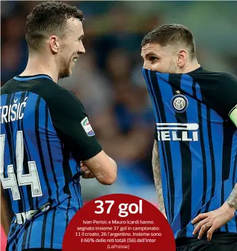  ?? (Lapresse) ?? 37 gol Ivan Perisic e Mauro Icardi hanno segnato insieme 37 gol in campionato: 11 il croato, 26 l’argentino. Insieme sono il 66% delle reti totali (56) dell’inter